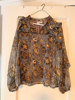 Dress Forum Floral Ruffle-Neck Blouse in Mustard and Gray